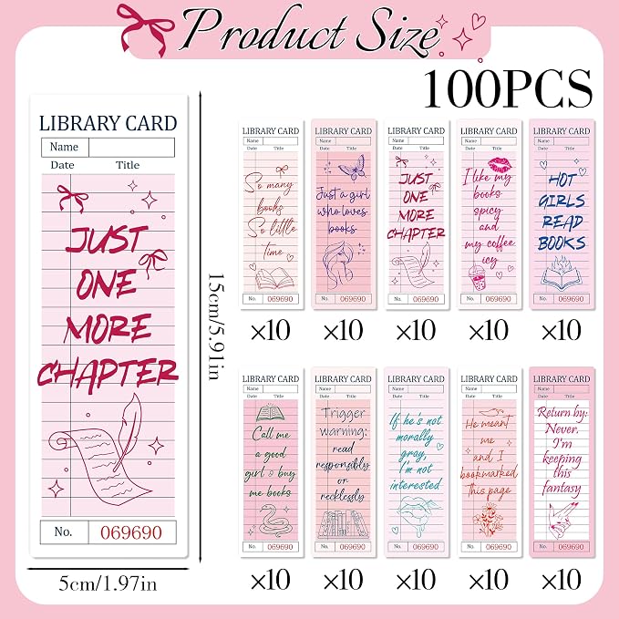 Vintage Bookmark Bulk Gifts - 100 Pcs Pink Library Card Paper Bookmarks for Women Girls Students Book Lovers Retro Quote Page Clips School Reading Accessories Bookish Birthday Graduation Gift