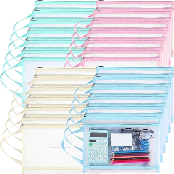 MotiMind 24 Pack Double Layer Mesh Zipper Pouch Bags 14.8 x 10.8 Inch Large Capacity Mesh Toy Storage Bags Colored Organizer Pouch with Handle for School Office and Home