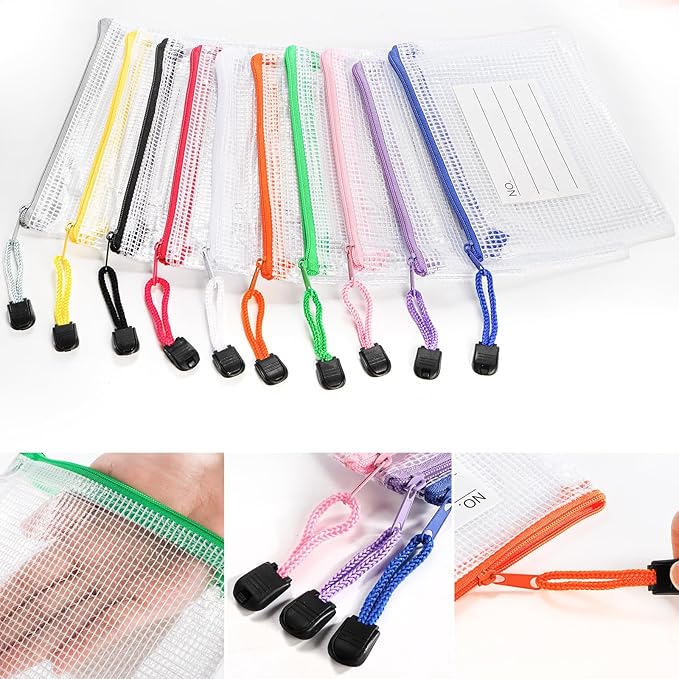 Hedume 30 Pcs 10 Colors Small Zipper Mesh Pouch with Label Pocket, A6 Size 6.3 x 4.7 Inches Waterproof Zip Mesh Bag, Plastic Meshs Zipper Pouch for School Office Supplies, Cosmetics Travel Accessories
