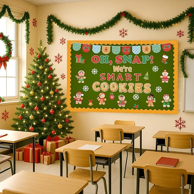 74 Pcs Christmas Gingerbread Bulletin Board Decorations Gingerbread Man Snowflake Cutouts Xmas OH SNAP! We're Smart Cookies Bulletin Board for Classroom Decoration Winter School Wall Decor