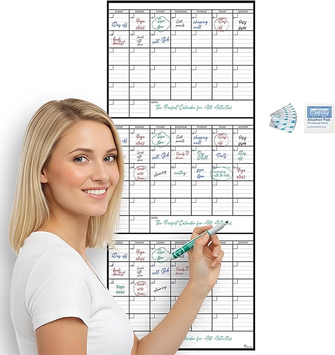 3 Month Dry Erase Calendar for Wall, 40x17, 3 Month Wall Calendar Dry Erase, Big White Board for Office, Home & School, Giant Erasable Whiteboard, Jumbo Monthly Undated Reusable White Board Planner