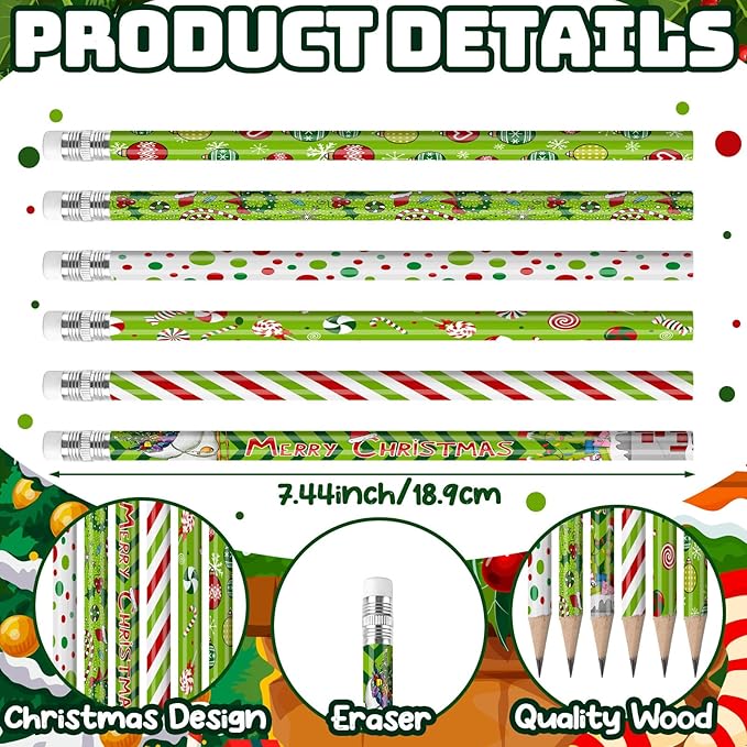 Sabary 60 Pcs Christmas Pencils Bulk Wood Xmas Pencil with Eraser Merry Christmas Stationery for Kids Children Xmas Party Favors Holiday Goodie Bag Stuffers