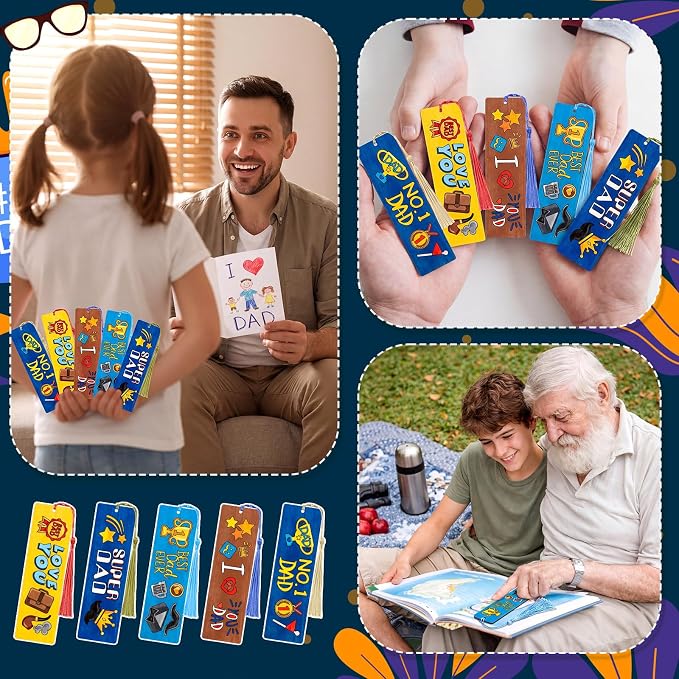 AmazingSpark 100 Pcs Father's Day Wood Bookmarks Bulk DIY Crafts Kit, 50 Set Blank Coloring Bookmarks with Tassel for Dad Grandpa Father's Day Gifts Classroom Activity Party Favor