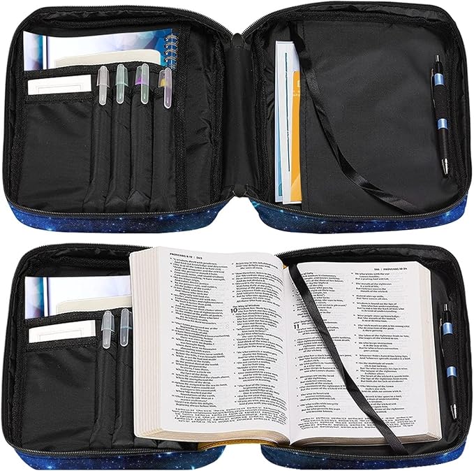 Coldinair Blue Starry Soccer Print Bible Cover for Men Teens Kids Boys,Galaxy Soccer Carrying Book Case Church Bag Bible Bag with Handle and Zippered Pockets