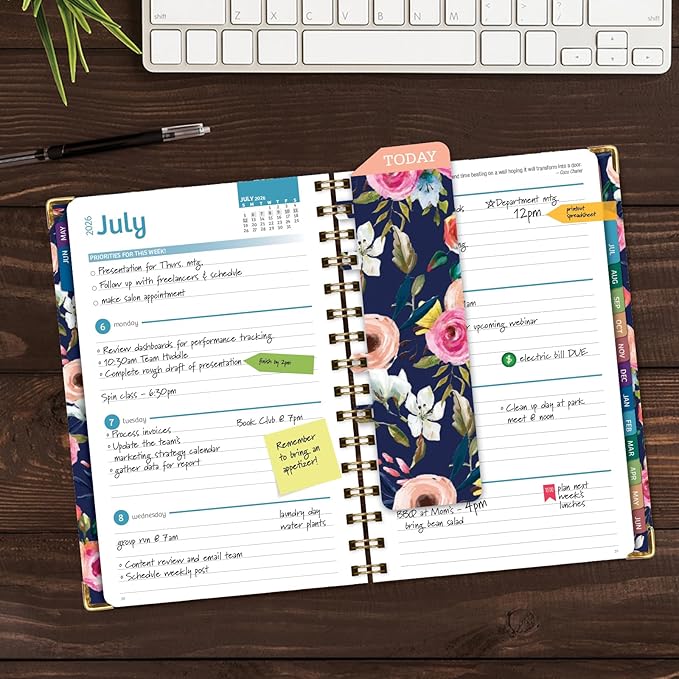 HARDCOVER Academic Year 2026-2027 Planner: 14 Months (May 2026 Through June 2027) 5.5"x 8" Daily Weekly Monthly Planner Yearly Agenda. Bookmark, Pocket Folder and Sticky Note Set (Small Navy Floral)