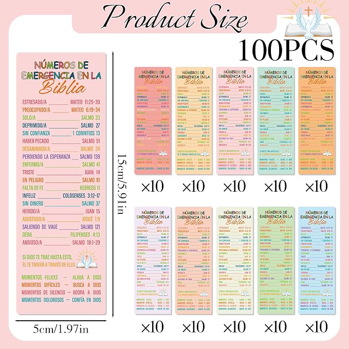 Spanish Bible Emergency Numbers Bookmark - 100 Pcs Christian Verse Paper Bookmarks Bulk for Women Men Religious Inspirational Scripture Cards Gifts for Sunday School Welcome Church Members