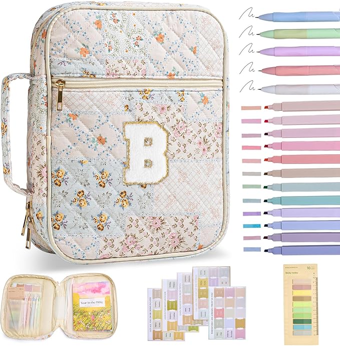 Initial Bible Cover Case for Women Girls Kid Large Bible Cover with Durable Handle Quilted Bible Carrying Case for Girls Bible Study Supplies Accessories (Spliced Flower B, one Size)