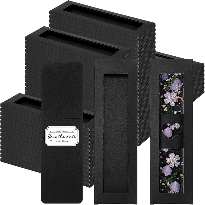 Roowest 50 Set Kraft Bookmark Boxes Sleeves Resin Bookmark Holder 5.9 x 1.8'' Cardboard Gift Boxes DIY Blank Display Cards for Wrapping Gift Supplies(Black)