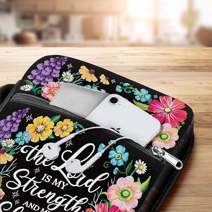 Floral Faith Bible Cover for Women with Handle and Zipper Pocket, Canvas Scripture Case with Psalm Verse, Fits Standard Size Bible, Christian Gift for Mom Daughter Church Use