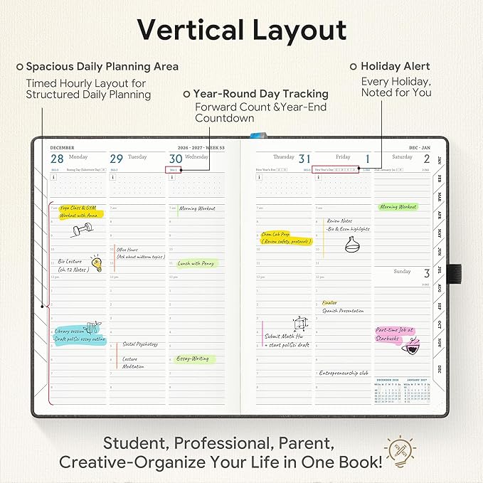 Planner 2026-2027 Weekly & Monthly Planner with Hourly Time Slots, 18 Month Academic Calendar July 2026 – Dec 2027, Vertical Layout, Monthly Tabs, Textured Fabric Hardcover, Grey