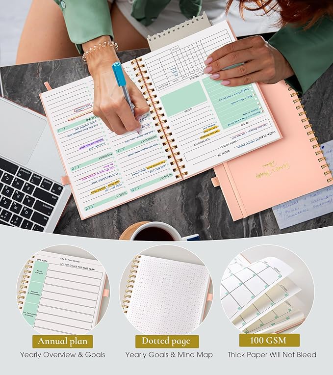 Undated Weekly and Monthly Planner, B5 Large Weekly To Do List Notebook with Goal & Habit Tracker Organizer, Hardcover Spiral Bound Blank Monthly Planners for Work School Home 7.4" x 9.64" Pink