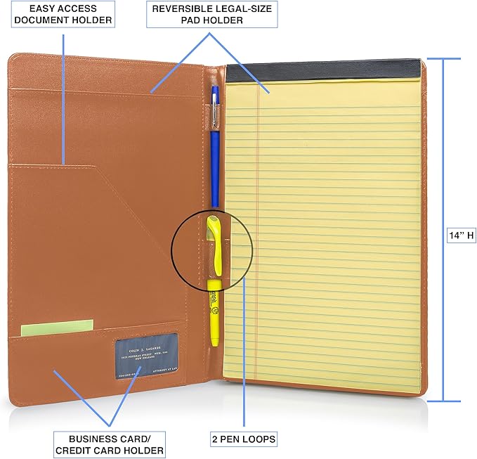 Legal Size Padfolio, 8.5 x 14 Inch Portfolio Folder for Legal Pad, Professional Padfolio for Job Interviews, Business Meetings, and Attorneys (Saddle Tan) (3 Pack)