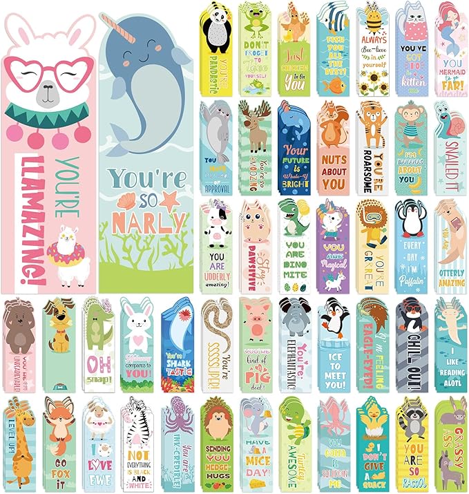 144 Pcs Bulk Animal Pun Bookmarks 2 x 6 Double Sided Page Markers with Funny Words Cute Assorted Forest Sea Animal Motivational Bookmarks for Kids Back to School Gifts Reading Birthday Teacher Reward