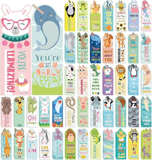 144 Pcs Bulk Animal Pun Bookmarks 2 x 6 Double Sided Page Markers with Funny Words Cute Assorted Forest Sea Animal Motivational Bookmarks for Kids Back to School Gifts Reading Birthday Teacher Reward