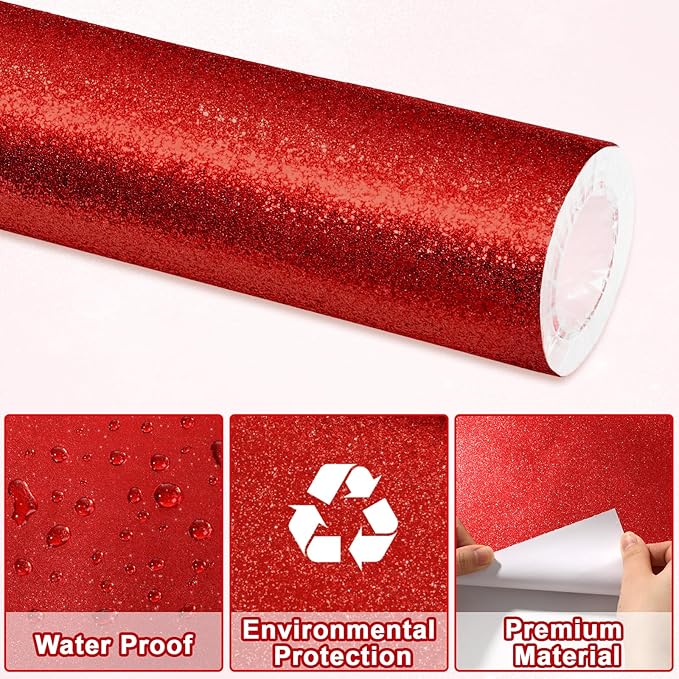 Glitter Bulletin Board Paper Roll Sparkle Wrapping Paper Bulletin Board Decor Glitter Poster Gift Wrapping DIY Art Crafts Wallpaper Background for Home Office Classroom Decor 17" x 20ft, Deep Red