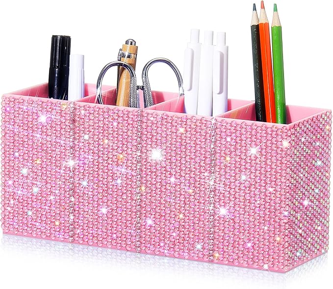 Bling Desk Organizer for Women, Rhinestone Pen Makeup Brush Holder, Girly Desk Accessories Organizer for Office Classroom Elevate Your Workspace with Serenity(Rhinestone,Pink)