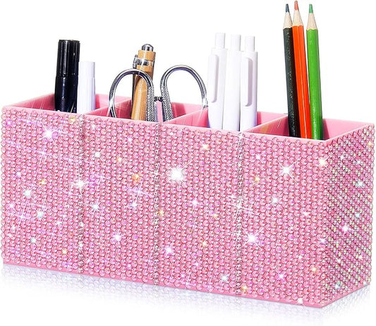 Bling Desk Organizer for Women, Rhinestone Pen Makeup Brush Holder, Girly Desk Accessories Organizer for Office Classroom Elevate Your Workspace with Serenity(Rhinestone,Pink)