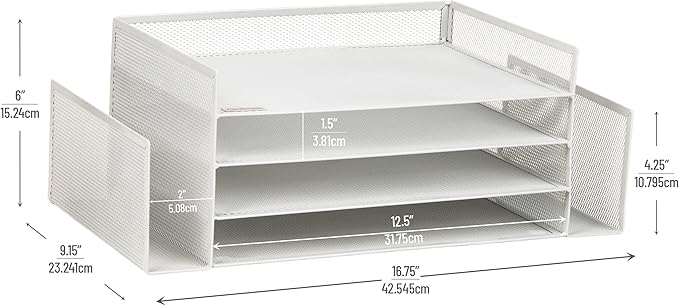 Mind Reader Desktop Organizer, File Storage, Paper Tray, Workspace, Office, Metal Mesh, 16.75"L x 9.15"W x 6"H, White