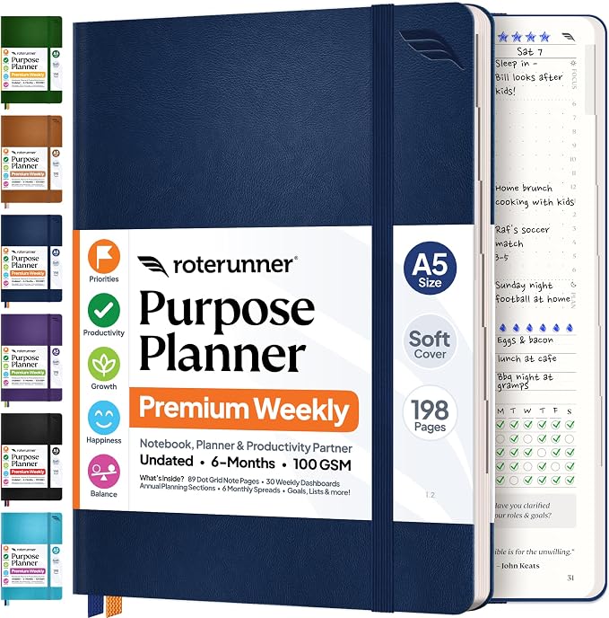 Purpose Planner Notebook A5 5.8”x8.3” Undated 2026 Daily Weekly and Monthly Productivity Goal Setting Tool for Work Home ADHD Planner for Adults Self Care Journal (Navy Softcover)