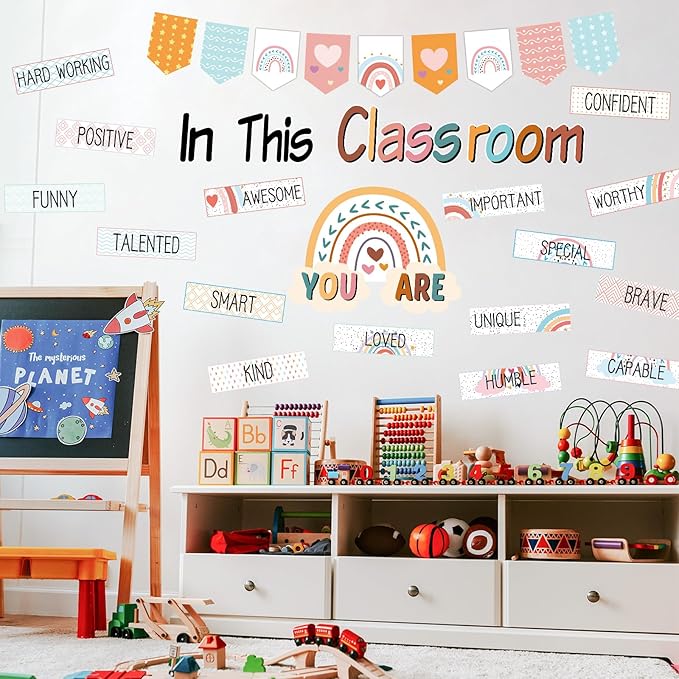 31 Pcs Bulletin Board Decorations Set Boho Classroom Decor Rainbow Motivational Word Wall Bulletin Board Set for Teachers School Chart Wall Supplies