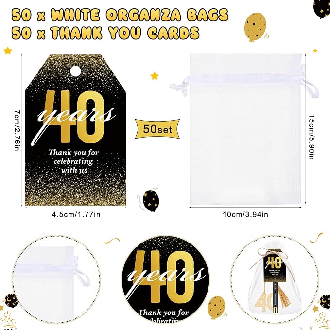 Spakon 50 Set 40th Birthday Party Favor for Guest Anniversary Party Favor Golden Birthday Bookmark Thank You Pen with Tag Appreciation Gifts for Women Men Wedding Anniversary