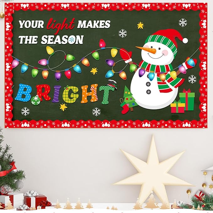 Funrous Christmas Bulletin Board Decoration Set Xmas Tree Classroom Decor Snowman Santa Claus Gnome Snowflake Cutout Winter Border Trim for Xmas Holiday Office Wall Door Supplies (Light Bulb)