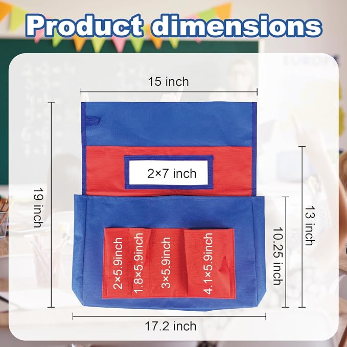 4 Pack Chair Pockets for Classrooms, 17.2"x19" Seat Sacks for Classroom Chairs K-2, Heavy Duty Back of Chair Organizer Pocket with Name Tag Slot for Supplies, Books, Storage
