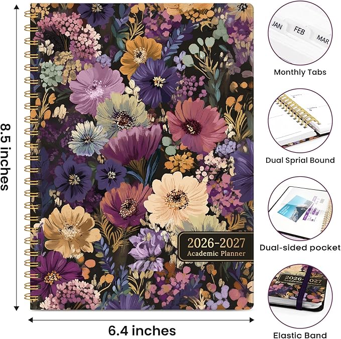 Academic Planner 2026-2027, Weekly and Monthly Calendar Book, July 2026 – June 2027, Hardcover Planner with Tabs, Perfect for Teachers, Students, Women & Men, A5 (6.4" x 8.5") - Midnight Bloom