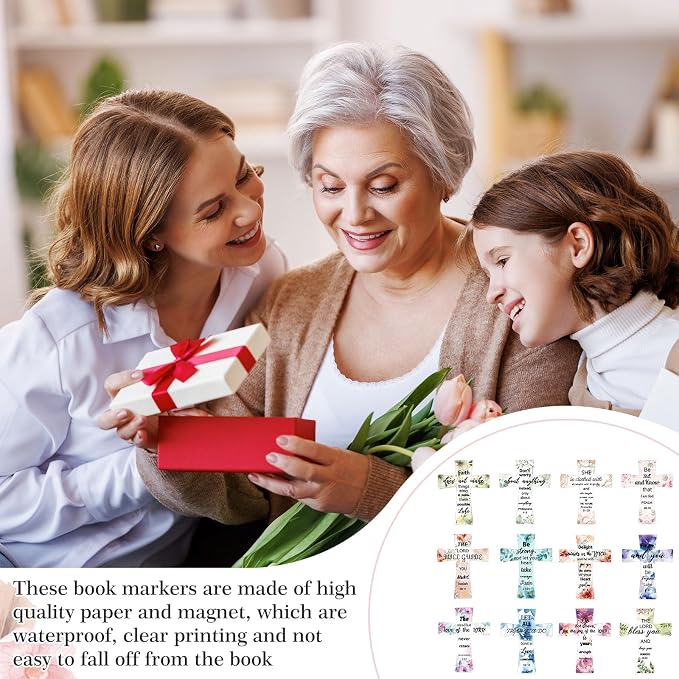Resurhang 24 Pcs Magnetic Bookmarks Christian Cross Magnetic Page Markers Religious Bible Verses Bookmarks for Mother's Day Women Student Church Study Group Graduation Coworker Team (Watercolor)