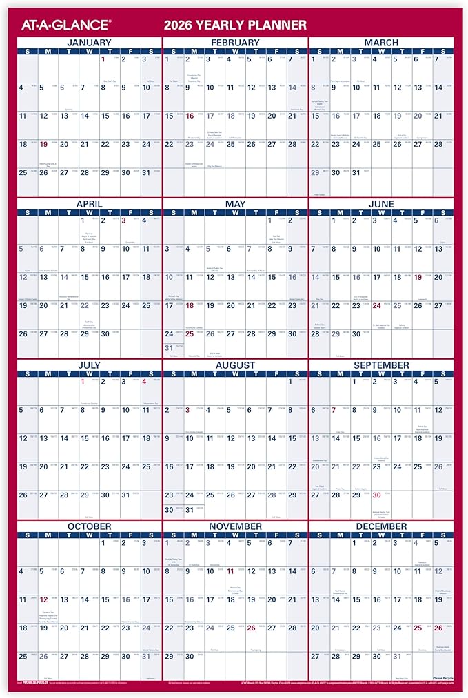 AT-A-GLANCE 2026 Erasable Calendar, Dry Erase Wall Planner, 36" x 24", Large, Vertical-Horizontal, Reversible (PM26B2826)