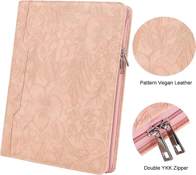 Vegan Leather Padfolio, 3 Ring Binder - Pink Padfolio with Pattern, Handmade Portfolio Organizer