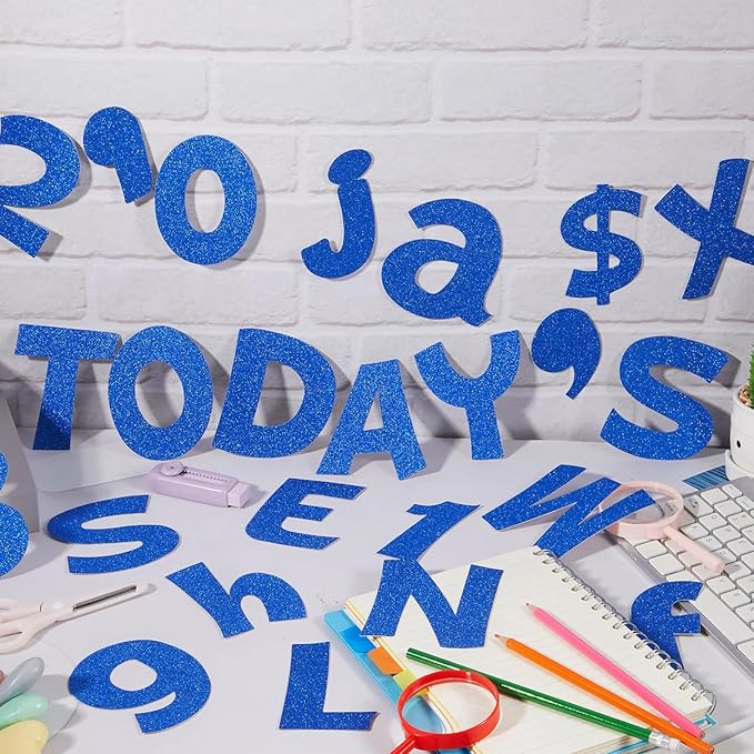 Colarr 216 Pcs Glitter Bulletin Board Letters for Classroom Number Alphabet Punctuation Symbol Cutout 4'' Die-Cut Poster Letter with Adhesive Dot School Graduation Party Holiday Decor Display(Blue)