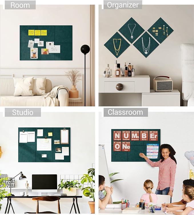 1/2" Thick Cork Board for Office, 6 Pack Felt Wall Tiles -28"x18" with Safe Adhesive Tabs, Large Bulletin Board, Push Pin Board Organizer Wall - Forest Green
