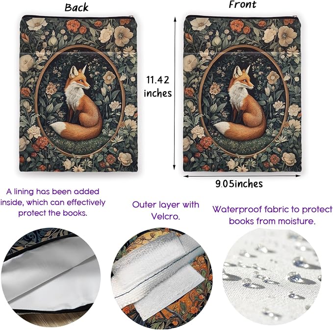 Vintage Flower Fox William Morris Book Sleeve for Book Lovers, Bookish Book Protector with Zipper, Washable Fabric Book Cover for Paperbacks & Hardcovers,11.4 x 9.1Inches (White Flower-Fox, Medium)