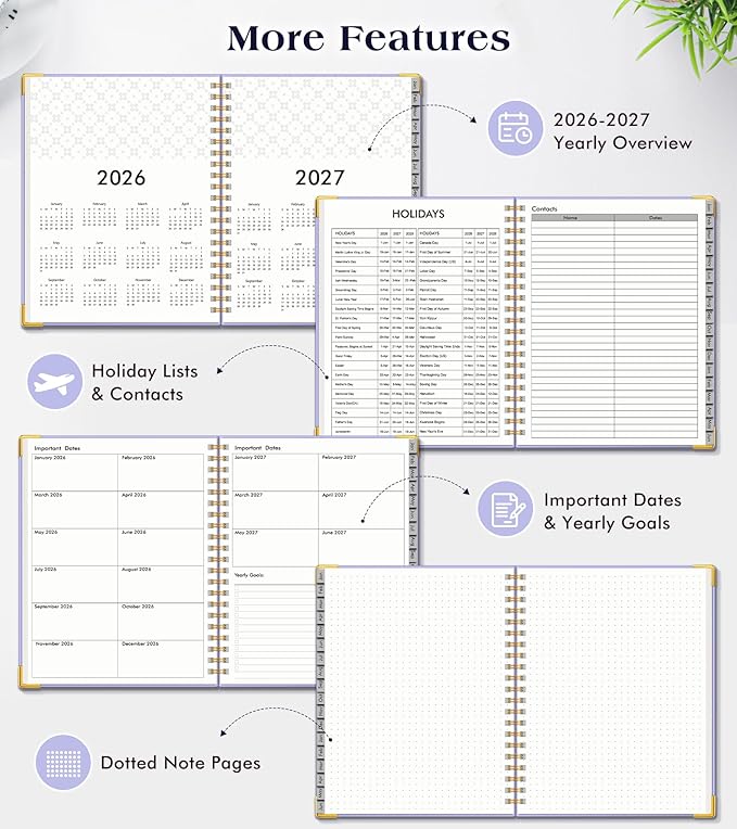Planner 2026-2027, 18 Months Weekly and Monthly Hardcover Planner, January 2026 - June 2027, 5.75" x 8.38" A5 Daily Calendar Planner Book with Tabs, Spiral Yearly Agenda Organizer Notebook for School Work Home, Purple