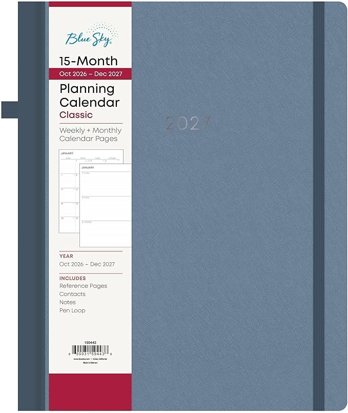 Blue Sky 2027 15-Month Weekly and Monthly Planner Calendar, October 2026 - December 2027, 8” x 10”, Fabric Wrapped Greyboard Cover, Lay-Flat Book Binding, Includes Penloop and Extra 15 Sheets of Notes, Steel Blue
