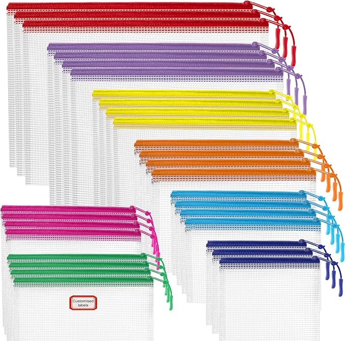 YOPCDJ 30pcs Mesh Zipper Pouch for Organization, Waterproof Zipper Pouches Colored PVC Travel Zipper Bags Clear Multipurpose Document Bags Suitable for Travel, School, Board Game and Office Supplies