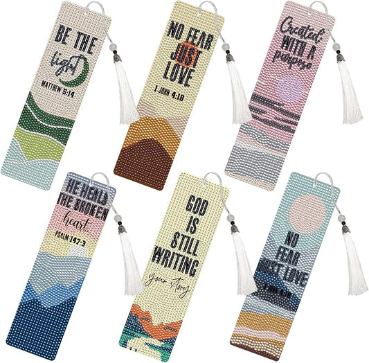 Christian Diamond Art Bookmarks - 6 Pcs DIY Bible Verse Diamond Painting Bookmarks with Mountains Rivers Pattern Religious Gem Art Craft Inspirational Gift for Reading Lovers Beginners