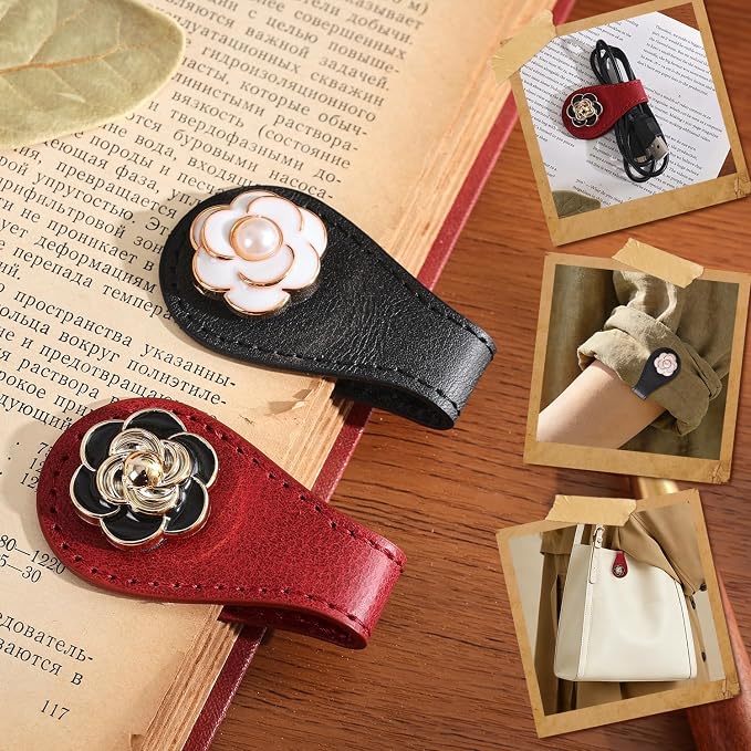 2PCS Magnetic Bookmarks with Pen Clip, Leather Bookmarks for Women, Magnetic Pen Holder Book Accessories, Gold Camellia