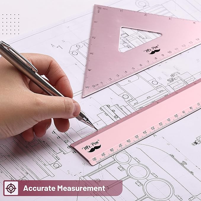 Mr. Pen- Metal Geometry Kit, 4 Pack, 45° & 30°/60° Set Squares, 6" Protractor & 12" Ruler, Durable Metal Drafting Tools for Technical Drawing, Math, Engineering & Architecture