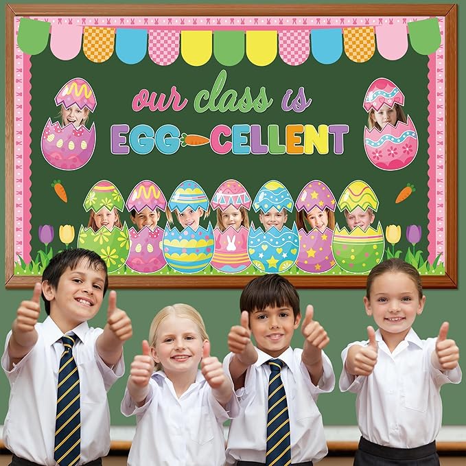 Easter Bunny Egg Bulletin Board Set Easter Egg DIY Photo Craft Cutouts Easter Classroom Bulletin Board Decorations Bunny Rabbit Grass Cutouts for Teacher School Office Home Chalkboard Wall Door Decor