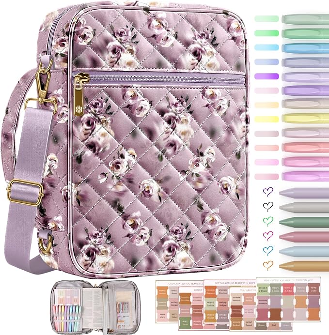 BellaHold Bible Cover Case for Women, Large Bible Bag with Detachable Strap & Bible Study Supplies, 12 Highlighters, 6 Colored Gel Pens & 75 Bible Tabs, Christian Gifts for Women (Purple Rose)