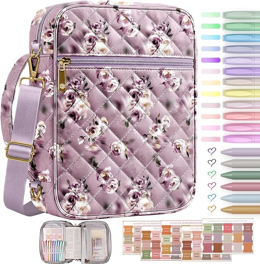 BellaHold Bible Cover Case for Women, Large Bible Bag with Detachable Strap & Bible Study Supplies, 12 Highlighters, 6 Colored Gel Pens & 75 Bible Tabs, Christian Gifts for Women (Purple Rose)