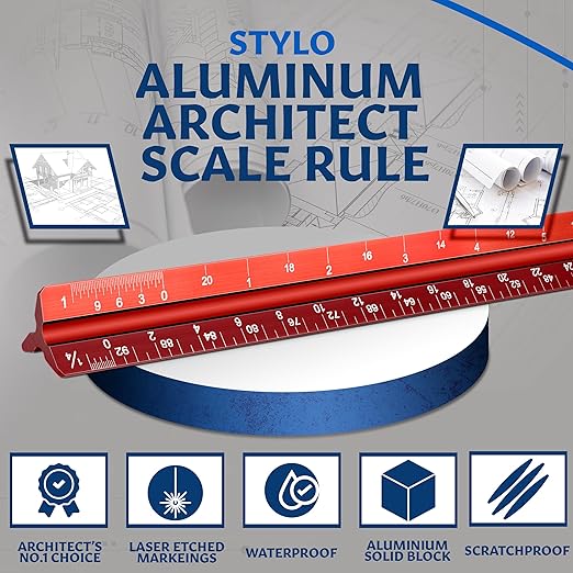 Stylo 12" Aluminum Architect Scale Ruler Laser Etched Triangle Drafting Ruler, Color Coded Grooves for Blueprint, Drafting and Drawing, Architectural Scale Ruler for Blueprints (Red, Imperial Units)