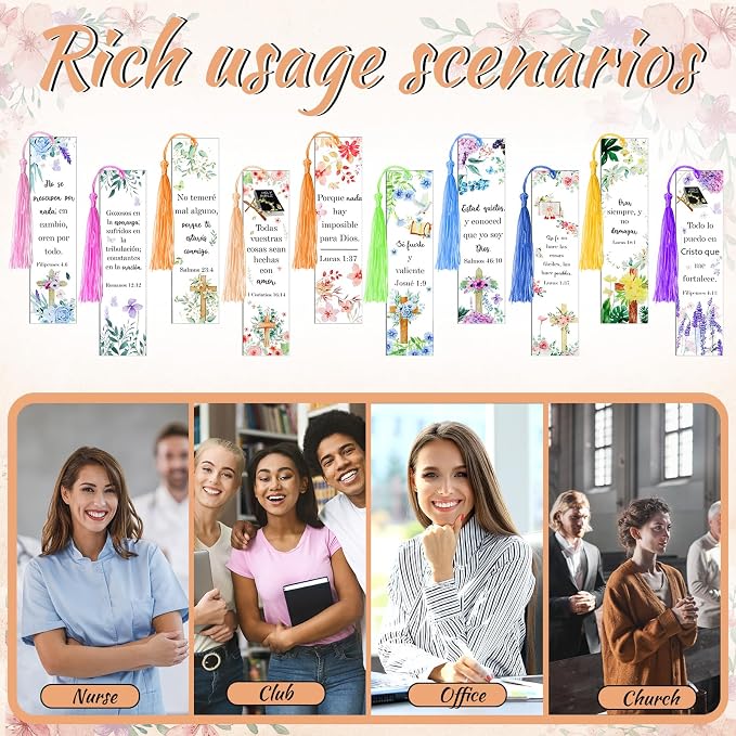 30 Pcs Spanish Bible Verse Acrylic Bookmarks - Inspirational Bulk Bookmarks with Tassel for Back to School, Christian Religious Gifts for Students Teachers Classroom, School Office Study Supplies