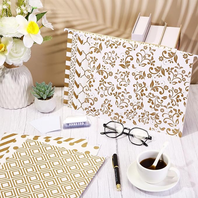 Estune 32 Pcs Decorative Hanging File Folders Letter Size Cabinet File Folders Organizers with 1/5 Cut Adjustable Tabs for Office Desk School Filing Cabinet Home(Gold Stripe)