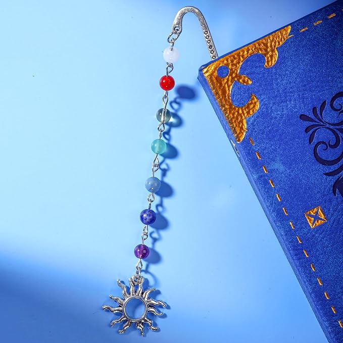 Vintage Sunshing Pendant Metal Hook Bookmark with Natural Crystal Stones and Glass Bead Chain–Elegant Bookmarks for Women,Men,Book Lovers,Girls and Teachers(Chakela)
