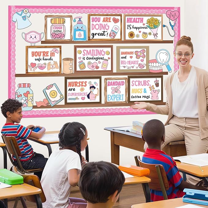 Nurse Bulletin Board Decorations Set Health Inspirational Bookshelf Classroom Decoration Back to School Bulletin Board Positive Nursing Paper Cutout for Nurse Day Hospital Clinic Medical RN Wall Decor