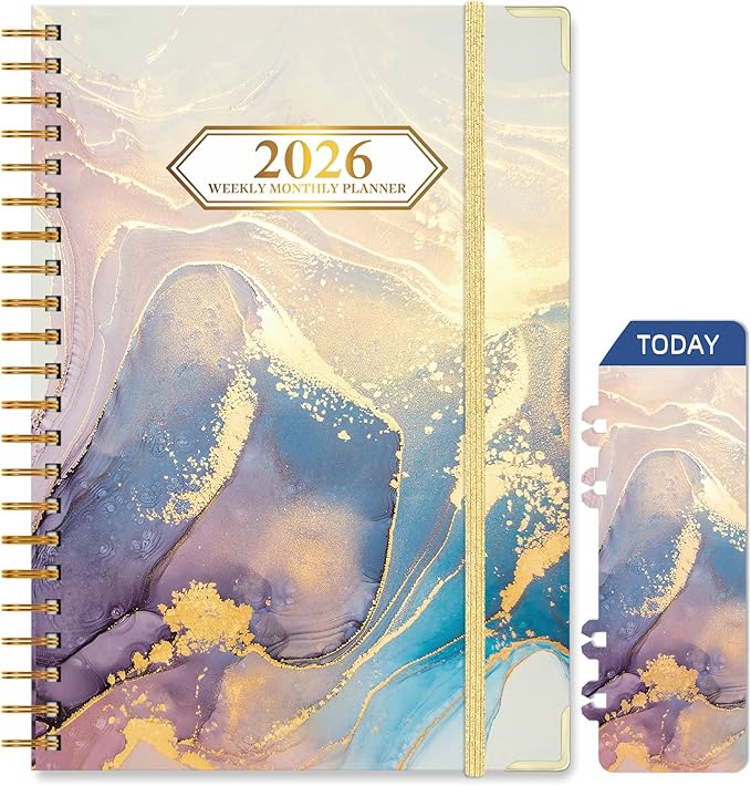2026 Planner, Jan.2026 - Dec.2026 Weekly Monthly Planner 6.25"x8.5" with Page Tabs, Calendar Hardcover with Inner Pocket, Elastic Band, Twin-Wire Binding, Bookmark, Blue Gold Marble