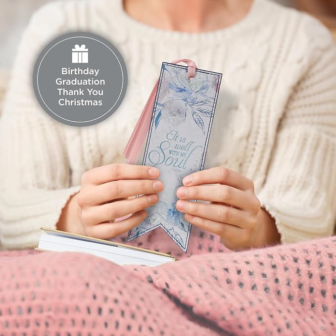 Christian Art Gifts Premium Vegan Faux Leather Scripture Bookmark for Women: It is Well with My Soul Hymn - Inspirational Heat-Debossed Faith-Based Reading Book Accessory w/Ribbon Tassel, Floral Pink
